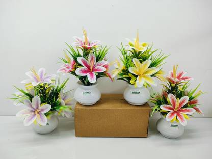 ADIRSA MultiColor Lily Flower Small Size Pack Of 4 Bonsai Wild Artificial Plant  with Pot