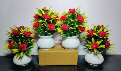 ADIRSA Stylish Looking RED Color Decorative Piece Rose Flower Set Red Wild Flower Artificial Flower  with Pot