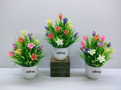 ADIRSA Artificial Flowers,Artificial Plastic Plants Small Indoor Potted Houseplants Bonsai Wild Artificial Plant  with Pot