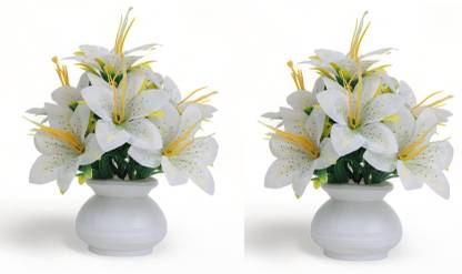 KanRaj White Lily Artificial Flower  with Pot