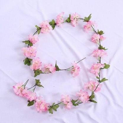 Satyam Kraft 2 Line Artificial Cherry Blossom Rattan Flower Hanging String Line for Wedding Pink Cherry Blossom Artificial Flower