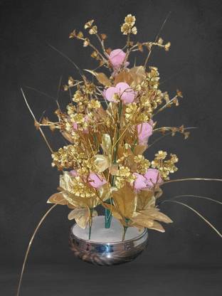 lush life Artificial Rose Flower Bunch with Metal Vase for Home Decoration Pink Rose Artificial Flower with Pot