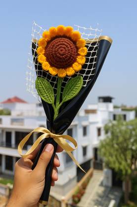 Clapjoy Crochet Sunflower Bouquet – Handmade Wool Flower with Black Wrap & Cute Ribbon Yellow Sunflower Artificial Flower