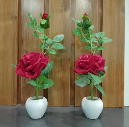 KanRaj Red Rose For Home, Office Decor Study Table & Flower Bonsai Red Rose Artificial Flower  with Pot