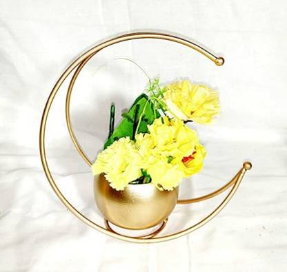 Wish Divine Gold Metal Vase- 24cm Moon Planter for Indoor Plants & Flowers Plant Container Gold Lavender Artificial Flower  with Pot