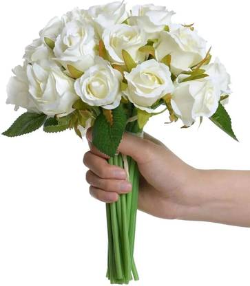 TIED RIBBONS Decorative Artificial Rose Flowers Bouquet for Vase Pot Home Decorations White Rose Artificial Flower