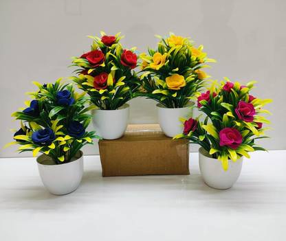 Paras Multicolor Rose Artificial Flower  with Pot