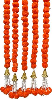 Therama Pack of 5 Golden bell Strings with 150 flowers Orange Marigold Artificial Flower