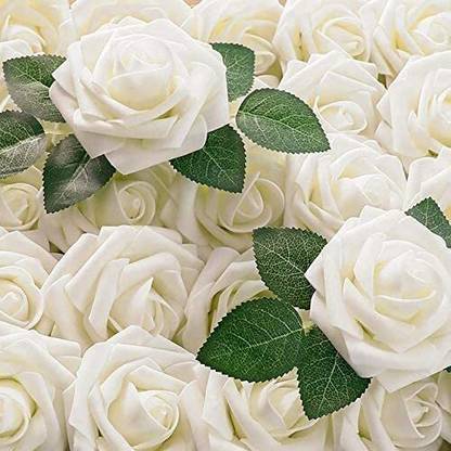 XERGY Artificial Flowers 25pcs Real Looking White Silk Fake Roses with Stems for DIY White Rose Artificial Flower
