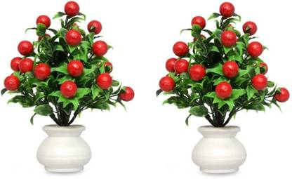 Saikara Collection Red, Green Wild Flower Artificial Flower  with Pot