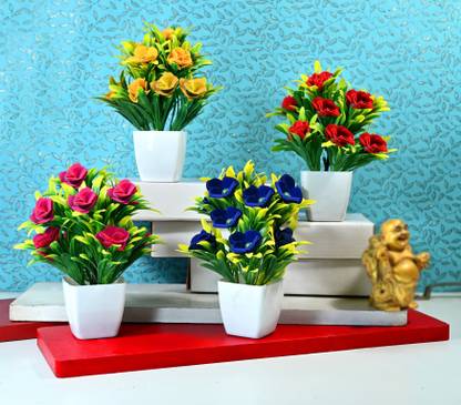 NERAPI Beautiful Bonsai Multi Stylish Rose Flower Plant Set Perfect Decorative Piece| Multicolor Wild Flower Artificial Flower  with Pot