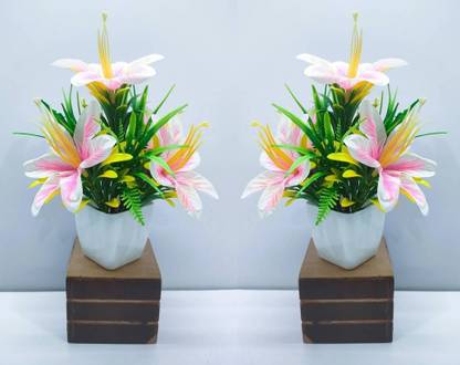 NERAPI Light Pink Faux Bonsai Lily Wild Flower Plant Perfect for Decor | Pink Lily Artificial Flower  with Pot