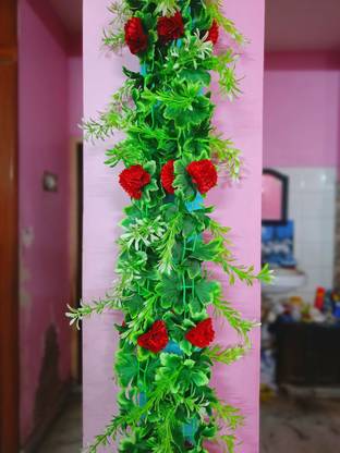 Dynamic Retail Global Artificial Hanging Flowers Plant Garlands Chain for Home Decoration Green, Red Rose Artificial Flower