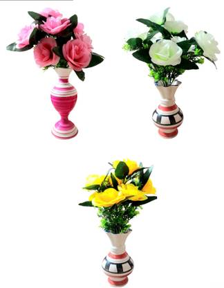 Flowerry Pink, Green, Yellow Rose Artificial Flower