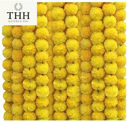 THH 5 Strings Handmade Garland Gendha Phool Mala for Decoration Yellow Marigold Artificial Flower
