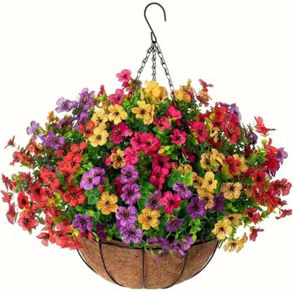 Ekhasa Colorful Artificial Daisy & Eucalyptus Flowers with Hanging Basket for Balcony Multicolor Daisy Artificial Flower  with Pot