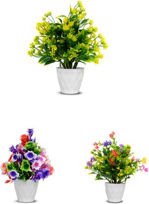mogal Artificial Plant For Home/Office Table Decoration or Gift ( Pack of 3, 7inch) Yellow Wild Flower Artificial Flower  with Pot
