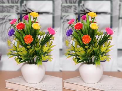 NERAPI Set of 2 Multi Color Mini Table Top, Home/Office Decorative Flower Plant, Multicolor Wild Flower Artificial Flower  with Pot