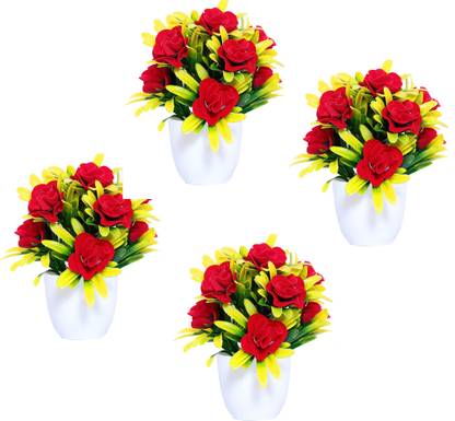 S-Biv Set of 4 Pieces flowers with pot for home decoration Multicolor, Red, Pink Rose Artificial Flower  with Pot