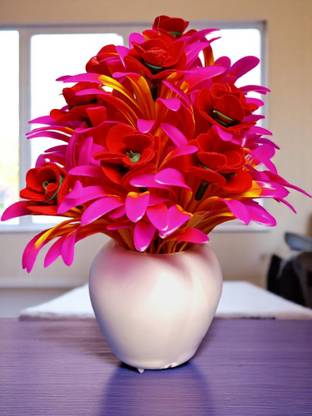 oms Artificia Velvetl Flower Pot Apple Shaped for Your Home Decoration Pink, Red Rose Artificial Flower  with Pot