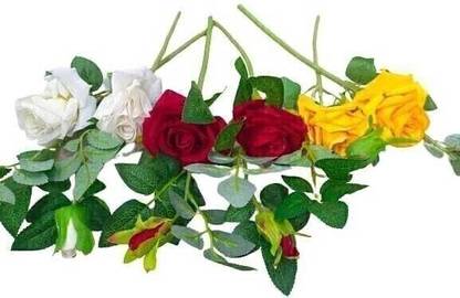 DNEnterprises Artificial Rose Flower Sticks Combo Set of 6 Roses for Vase Home Decor Red, White, Yellow Rose Artificial Flower