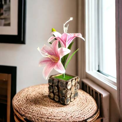 Litleo Wooden POt Handcrafted for home office ,Gift Multicolor, Pink, White Lily Artificial Flower  with Pot