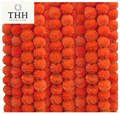 THH 5 Strings Handmade Garland Gendha Phool Mala for Decoration Orange Marigold Artificial Flower