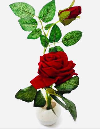 sunever Artificial Beautiful Single Rose Flower With Pot (Red, Single Head) Red Rose Artificial Flower  with Pot
