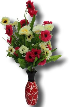 JAYDHANLAXMI ARTIFICIAL FLOWER WITH WOODEN VASE-DELIGHTED BUNCH OF FLOWER FOR YOUR HOME Pink, Yellow, Green Sunflower Artificial Flower  with Pot