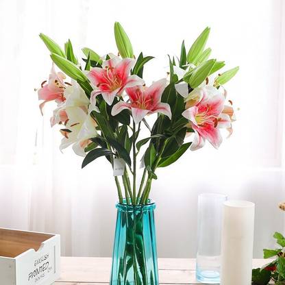 CosaCentrum artificial Lily Flower Bunch Long Size Stick Stem 2 Big Lily Flower 1 Piece Red Lily Artificial Flower