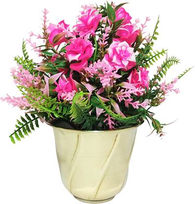KAPER Beautiful Pink Artificial Flowers For Home Decoration With Brass Pot Pink, Gold Rose Artificial Flower  with Pot