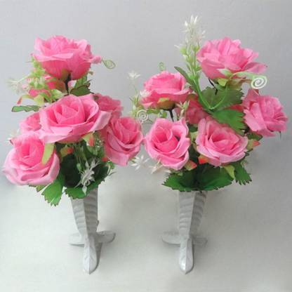 ओम कलेक्शन्स Paper Rose artificial Flower गुलाबी गुलाब का फूल नक़ली फूल पॉट के साथ