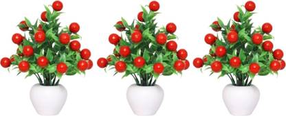 Arsh Traders Red Cherry Artificial Flower  with Pot