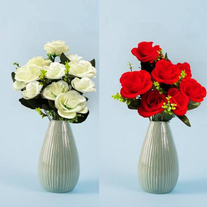 beecraft Artificial Bunch of White and Red Flowers without pot White, Red Rose Artificial Flower