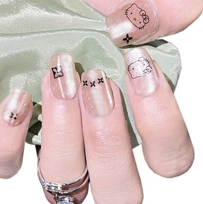 SECRET LIVES Cats Eye Reusable Artificial 24 Pieces Set with Kit Light Brown Color with Hello Kitty Print Design Press on Nails