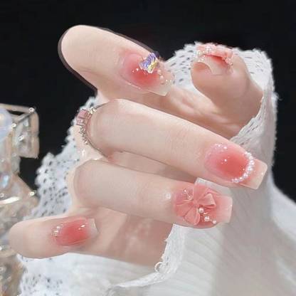 kyiesh Reusable Beautiful Designed with Bow and Pearls Press on Nails Peach Pink