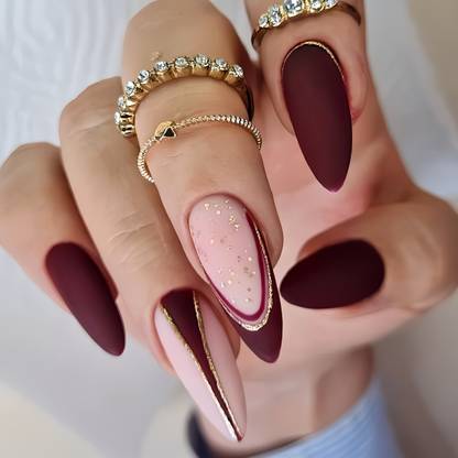 Shhagan Dark Red French Designer Press-on-Gel Nails with Application Kit 3049 Handmade, Multicolor