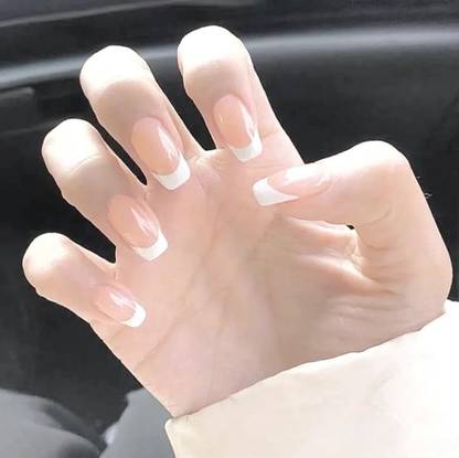 Love Secret Glossy Artificial Fake False Press on Nails Light Skin Color with White Tips 24 pieces Set with Kit