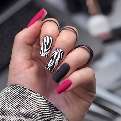 Shhagan Zebra Print Coffin Nails Black, White, Pink