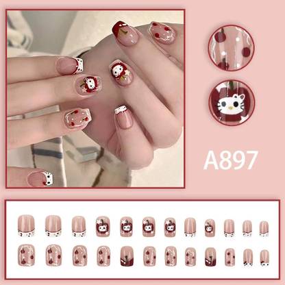 NAKHI 24 Reusable Artificial Nail Set | Base Peach colour with Flat Tip Design Nails Peach