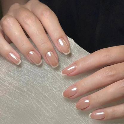 NAKHI 24 Reusable Artificial Nail Set | Base Peach colour with Flat White Tip Nails Peach