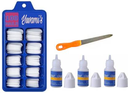 Yuvami's 100 artificial Nails With Nail Filter Transparent 3 nail glue (2 way usable) off white