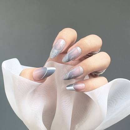 SECRET LIVES Designer artifical fake nail extension semi transparent grey bottom white & grey tips with golden glitter