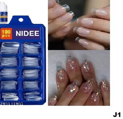 beauty bounty Artificial Transparent 100 Pieces Reusable Fake Nail Tips With Nail Glue.j1 Transparent