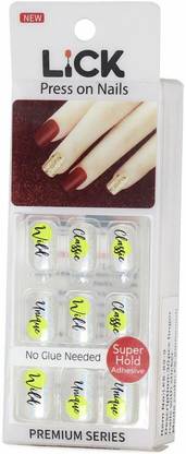 Lick - Press on Nails Artificial NailsSet Glossy Glitter Light Grey With Neon Green