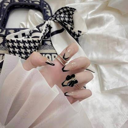 The Pink Truck Set of 24 Artificial reusable Nails in Black tips with Bow Design with glue Black
