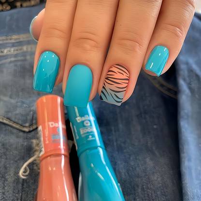 Shhagan Tropical Sunset Zebra Print Nails 1569 Bright Teal,Turquoise glossy, Peach,Coral, Black, Grey