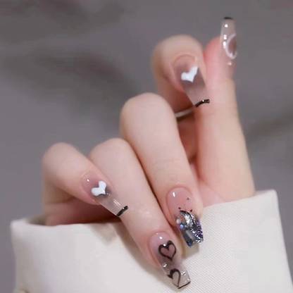 kyiesh Reusable Glittery transparent peach with lots of heart printed Press on Nails Peach