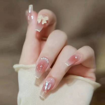 kyiesh Reusable Pearl with Bow designed Press on Nails Peach Pink