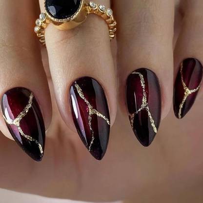 The Pink Truck Set of 24 Artificial Reusable nails in Deep Maroon Design with glue Maroon